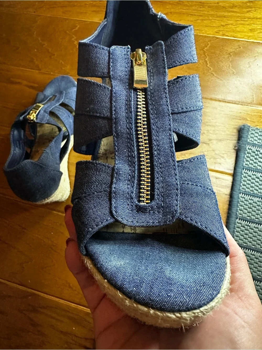 Denim Blue Strappy Zip Front Wedge Sandals - Women Size 7